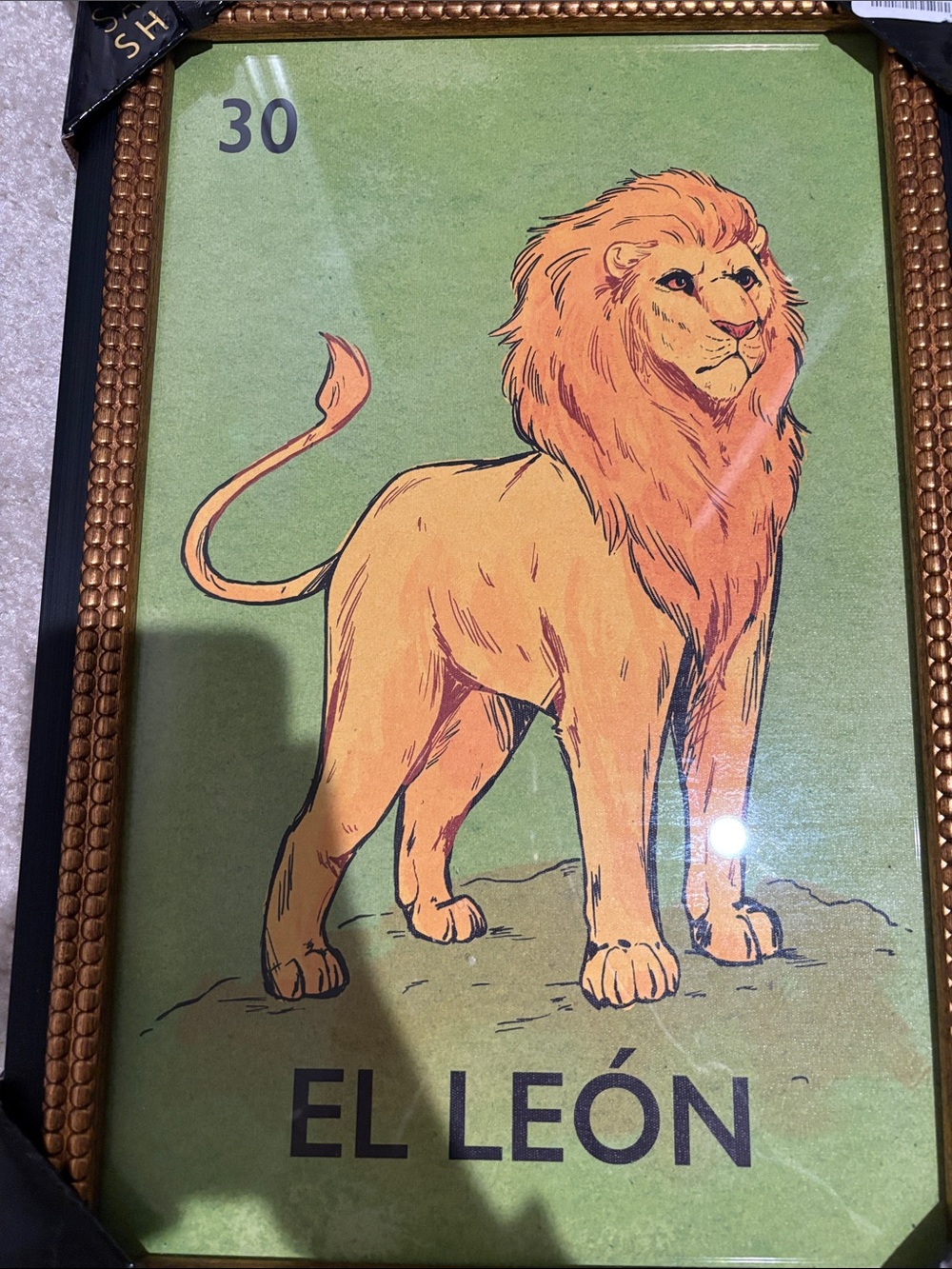 Sapna shah El León Framed Wall Art - Green and Orange Lion Print